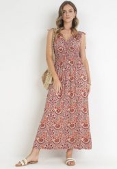 Pomarańczowa Wiskozowa Sukienka Maxi w Kwiaty z Gumką w Pasie Tolira. Brązowe sukienki damskie Born2be, l, bez wzorów, z wiskozy, bez kołnierzyka, bez ramiączek, maxi, rozkloszowane. Za 39.99 zł.