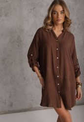 Brązowa Pudełkowa Sukienka Bawełniana Oversize z Dekoltem w Serek Elavellis. Brązowe sukienki damskie Renee, na co dzień, m, bez wzorów, z bawełny, eleganckie, bez kołnierzyka, bez ramiączek, mini, oversize. Za 109.99 zł.