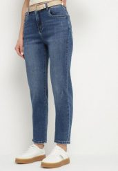 Granatowe Jeansy o Kroju Mom Fit z Wysokim Stanem Mevarelle. Niebieskie jeansy damskie Born2be, bez wzorów, z jeansu, eleganckie, z podwyższonym stanem. Za 109.99 zł.