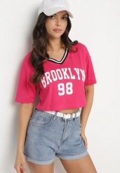 Fuksjowy Bawełniany T-shirt z Napisem Nitanelia. Czerwone t-shirty damskie Born2be, m, bez wzorów, z bawełny, bez kołnierzyka, bez ramiączek. Za 29.99 zł.