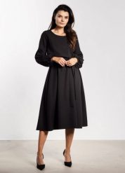 Elegancka sukienka rozkloszowana z długim rękawem czarna. Czarne sukienki damskie Infinite You, do pracy, l, bez wzorów, z materiału, biznesowe, bez kołnierzyka, bez ramiączek, midi, dopasowane. Za 309.00 zł.