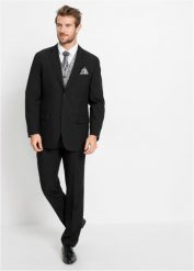 Garnitur ślubny z kamizelką i plastronem (5 części), Regular Fit. Czarne garnitury męskie bonprix, m, bez wzorów, eleganckie. Za 599.99 zł.