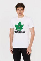 DSQUARED2 Męski biały t-shirt z zielonym liściem, Rozmiar XL. Białe t-shirty męskie Dsquared2, m, bez wzorów, bez kołnierzyka, bez ramiączek. W wyprzedaży za 699.99 zł.