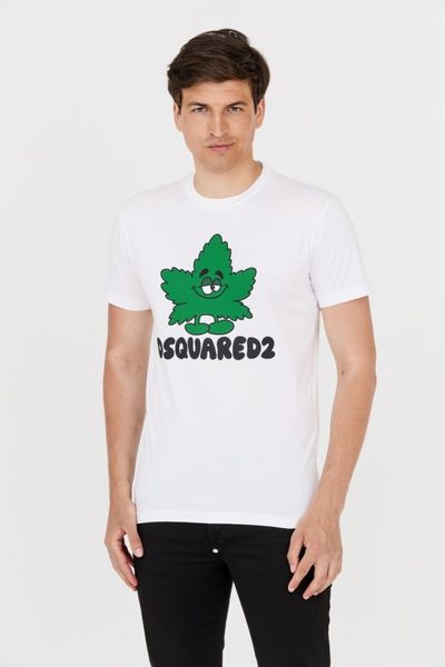 DSQUARED2 Męski biały t-shirt z zielonym liściem, Rozmiar XXL. Białe t-shirty męskie Dsquared2, m, bez wzorów, bez kołnierzyka, bez ramiączek. W wyprzedaży za 525.99 zł.