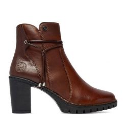 Botki Rieker. Brązowe botki damskie Rieker, bez wzorów, bez obcasa, na słupku, bez zapięcia. Za 429.99 zł.