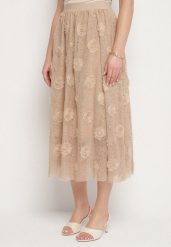 Beżowa Rozkloszowana Spódnica ze Strukturalnej Tkaniny z Gumką w Talii Folenne. Brązowe spódnice damskie Born2be, na co dzień, l, bez wzorów, z tkaniny, eleganckie, midi, dopasowane. Za 89.99 zł.