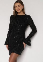 Czarna Cekinowa Sukienka z Kwiatami 3D Naweda. Czarne sukienki damskie Born2be, do pracy, l, bez wzorów, z jeansu, biznesowe, bez kołnierzyka, bez ramiączek. Za 179.99 zł.