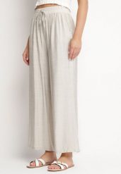 Jasnoszare Szerokie Spodnie Palazzo z Wysokim Stanem i Wiązaniem Myrlevia. Szare spodnie materiałowe damskie Born2be, bez wzorów, z jeansu, eleganckie, z podwyższonym stanem. Za 39.99 zł.