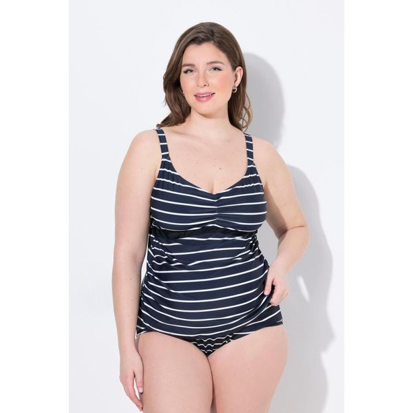 Damskie tankini Bellieva góra bez miękkich miseczek prążki. Niebieskie stroje kąpielowe damskie Ulla Popken, plus size, bez wzorów, z elastanu. W wyprzedaży za 152.99 zł.