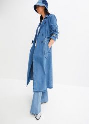 Trencz z denimu. Niebieskie płaszcze damskie bonprix, bez wzorów, z denimu, bez kołnierzyka, bez kaptura. Za 309.99 zł.