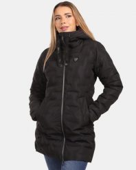 Damski płaszcz zimowy Kilpi BELIZE-W. Czarne płaszcze damskie Kilpi, na zimę, bez wzorów, z materiału, eleganckie, bez kołnierzyka. Za 628.61 zł.