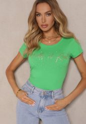 Zielony T-shirt z Bawełny Ozdobiony Napisem i Cyrkoniami Zreadia. Zielone t-shirty damskie Renee, l, bez wzorów, z bawełny, klasyczne, bez kołnierzyka, bez ramiączek. Za 34.99 zł.