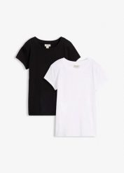 T-shirt z czystej bawełny organicznej (2 szt.). Czarne t-shirty damskie bonprix, bez wzorów, z bawełny, bez kołnierzyka, bez ramiączek. Za 64.99 zł.