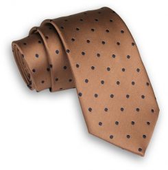 Brązowy Stylowy Klasyczny Męski Krawat -ALTIES- 7cm, Szeroki, w Granatowe Kropki, Groszki. Niebieskie krawaty i muchy Alties, bez wzorów, z tkaniny, eleganckie. Za 49.00 zł.