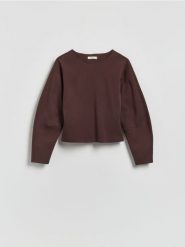 Gładka bluza - ciemnobrązowy. Brązowe bluzy damskie Reserved, l, bez wzorów, z bawełny, bez ramiączek, bez kaptura. Za 89.99 zł.