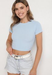 Jasnoniebieski T-shirt z Prążkowanego Materiału o Krótkim Kroju Telunna. Niebieskie t-shirty damskie Born2be, l, bez wzorów, z jeansu, eleganckie, bez kołnierzyka, bez ramiączek. Za 29.99 zł.