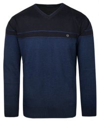 Klasyczny Męski Sweter z Dekoltem w Serek (V-Neck) - Trikko - Granat. Niebieskie swetry męskie Trikko, m, bez wzorów, z bawełny, biznesowe, bez kołnierzyka, bez ramiączek. Za 210.00 zł.