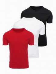 Zestaw bawełnianych t-shirtów męskich BASIC z okrągłym dekoltem – czarny/biały/dark red V6 - Rozmiar: XXL. Białe t-shirty męskie Ombre Clothing, m, bez wzorów, z bawełny, bez kołnierzyka, bez ramiączek. Za 139.99 zł.