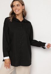Czarna Klasyczna Koszula z Bawełny o Kroju Oversize Ronavelle. Czarne koszule damskie Born2be, uniwersalny, bez wzorów, z bawełny, biznesowe, bez kołnierzyka, bez ramiączek. Za 99.99 zł.