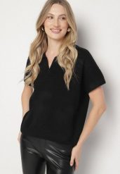 Czarny Sweter z Wełną z Krótkim Rękawem i Kołnierzykiem Tevalina. Czarne swetry nierozpinane damskie Born2be, uniwersalny, bez wzorów, z jeansu, eleganckie, bez kołnierzyka, bez ramiączek. Za 129.99 zł.
