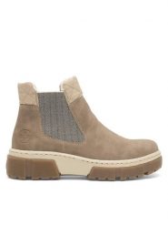 Rieker Botki X8674-64 Beżowy. Brązowe botki damskie Rieker, bez wzorów, z materiału, bez obcasa, na płaskiej podeszwie, bez zapięcia. Za 279.00 zł.