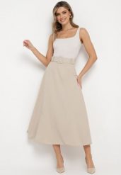 Jasnobeżowa Gładka Spódnica Maxi z Gumką w Pasie i Klamrą Orirsa. Brązowe spódnice damskie Born2be, m, bez wzorów, eleganckie, maxi, rozkloszowane. Za 79.99 zł.