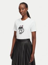 KARL LAGERFELD T-Shirt Ikon Sketch Choupette A1W17128 Biały Regular Fit. Białe t-shirty damskie KARL LAGERFELD, m, bez wzorów, z bawełny, bez kołnierzyka, bez ramiączek. Za 389.99 zł.