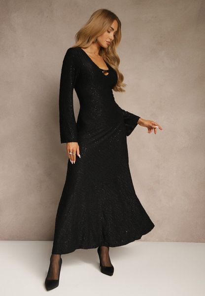 Czarna Rozkloszowana Sukienka Longsleeve w Zebrę Zdobiona Brokatem Mevilisa. Czarne sukienki damskie Renee, l, z aplikacjami, klasyczne, bez kołnierzyka, bez ramiączek, rozkloszowane. Za 169.99 zł.