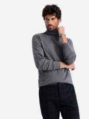 Jednokolorowy męski dzianinowy golf z wiskozą – szary melanż V2 OM-SWTN-0101 - XXL. Szare swetry męskie Ombre Clothing, l, z aplikacjami, z dzianiny, casualowe, bez kołnierzyka, bez ramiączek. W wyprzedaży za 79.99 zł.
