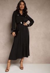 Czarna Satynowa Sukienka w Stylu Szmizjerki z Imitacjami Kieszeni i Paskiem Vaminay. Czarne sukienki damskie Renee, l, bez wzorów, z satyny, eleganckie, bez kołnierzyka, bez ramiączek, maxi, kopertowe. Za 119.99 zł.