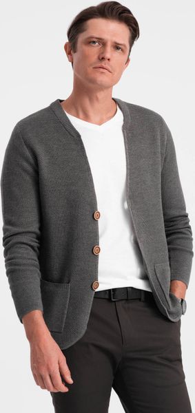 Ombre Strukturalny sweter męski kardigan z kieszeniami - grafitowy melanż V2 OM-SWCD-0109 L. Szare swetry męskie Ombre, l, bez wzorów, bez kołnierzyka, bez ramiączek. Za 169.99 zł.