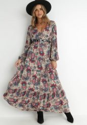 Beżowa Sukienka Anastolea. Brązowe sukienki damskie Born2be, l, z aplikacjami, boho, bez kołnierzyka, bez ramiączek, maxi, kopertowe. Za 69.99 zł.
