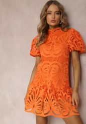 Pomarańczowa Sukienka Amathinna. Brązowe sukienki damskie Renee, na lato, m, z aplikacjami, z koronki, retro, bez kołnierzyka, bez ramiączek, mini. Za 149.99 zł.