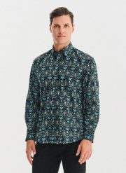 PAKO LORENTE - Czarna koszula w turkusowe kwiaty. Czarne koszule męskie Pako Lorente, xxl, bez wzorów, z bawełny, bez kołnierzyka, bez ramiączek. Za 119.99 zł.