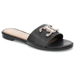 Czarne Klapki Givana Modne Obuwie Damskie. Czarne klapki damskie Givana, na lato, bez wzorów, z jeansu, eleganckie, bez obcasa, bez zapięcia. Za 89.99 zł.