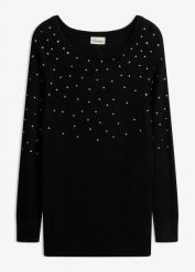 Długi sweter ze strasami. Czarne swetry nierozpinane damskie bonprix, bez wzorów, z materiału, bez kołnierzyka, bez ramiączek. Za 114.99 zł.