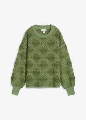 Sweter o kroju pudełkowym. Czarne swetry nierozpinane damskie bonprix, bez wzorów, z żakardem, bez kołnierzyka, bez ramiączek. Za 119.99 zł.