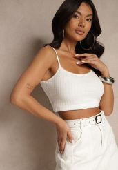 Biały Top na Ramiączkach z Prążkowanej Tkaniny z Wiskozą Zdobiony Kokardką Iffenia. Białe topy damskie Renee, z aplikacjami, prążkowane, klasyczne, bez kołnierzyka, bez ramiączek. Za 39.99 zł.