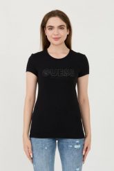 GUESS Czarny t-shirt Sangallo Tee. Czarne t-shirty damskie Guess, s, z aplikacjami, bez kołnierzyka, bez ramiączek. W wyprzedaży za 166.99 zł.
