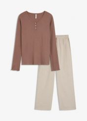 Piżama: bluza z prążkowanej dzianiny i spodnie z tkaniny. Brązowe bluzy damskie bonprix, bez wzorów, z dzianiny, bez ramiączek, bez kaptura. Za 129.99 zł.