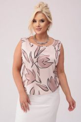 Beżowy satynowy top Sophia z motywem kwiatów PLUS SIZE XXL OVERSIZE WIOSNA. Brązowe topy damskie Moda Size Plus Iwanek, l, bez wzorów, z elastanu, biznesowe, bez kołnierzyka, bez ramiączek. W wyprzedaży za 79.90 zł.