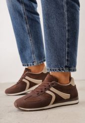Brązowe Sneakersy Sportowe z Imitacji Zamszu z Geometrycznymi Wstawkami Shanoom. Brązowe obuwie sportowe damskie Born2be, bez wzorów, z dzianiny, bez zapięcia. Za 119.99 zł.