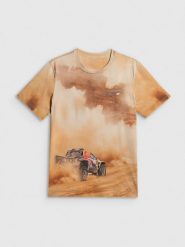 4F T-shirt regular z nadrukiem męski - beżowy L. Brązowe t-shirty męskie 4F, l, bez wzorów, z materiału, bez kołnierzyka, bez ramiączek. Za 99.99 zł.