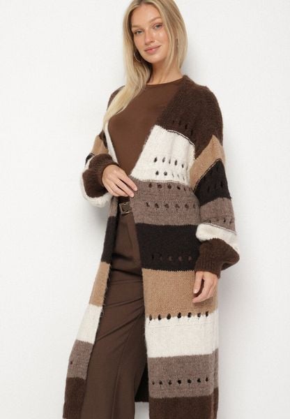 Brązowy Długi Kardigan Ażurowy w Paski z Domieszką Wełny i Wiskozy Ilomine. Brązowe kardigany damskie Born2be, uniwersalny, z aplikacjami, z dzianiny, bez kołnierzyka. Za 149.99 zł.