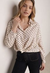 Beżowa Wiskozowa Koszula w Kropki z Ozdobnym Węzłem Corilis. Brązowe koszule damskie Born2be, l, bez wzorów, z jeansu, biznesowe, bez kołnierzyka, bez ramiączek. Za 109.99 zł.