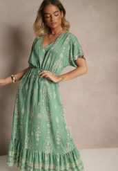 Zielona Rozkloszowana Sukienka z Falbanką w Print Boho z Wiskozą Tunova. Zielone sukienki damskie Renee, na co dzień, l, bez wzorów, z wiskozy, boho, bez kołnierzyka, bez ramiączek, maxi, rozkloszowane. Za 59.99 zł.