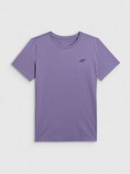 4F Koszulka treningowa regular szybkoschnąca damska - fioletowa XS. Fioletowe bluzki damskie 4F, xs, bez wzorów, bez kołnierzyka, bez ramiączek. Za 79.99 zł.