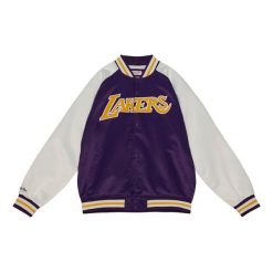Lekka satynowa kurtka Los Angeles Lakers Primetime. Fioletowe kurtki męskie Mitchell & Ness, s, bez wzorów, z bawełny, bez kaptura. Za 558.50 zł.