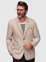 Męska marynarka o kroju REGULAR z lnem - jasnobeżowa V2. Brązowe marynarki męskie Ombre Clothing, m, bez wzorów, z jeansu, biznesowe, bez kołnierzyka, bez ramiączek. Za 419.99 zł.