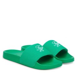 Klapki Tommy Hilfiger. Zielone klapki damskie Tommy Hilfiger, bez wzorów, bez obcasa, bez zapięcia. Za 169.99 zł.
